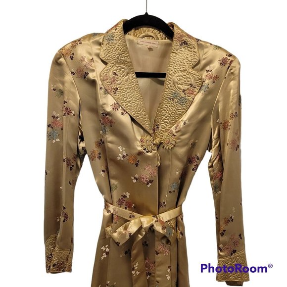 Vintage Chinese Womens Gold Silk Brocade Embroidered Long Coat Jacket Robe Small - Picture 3 of 11